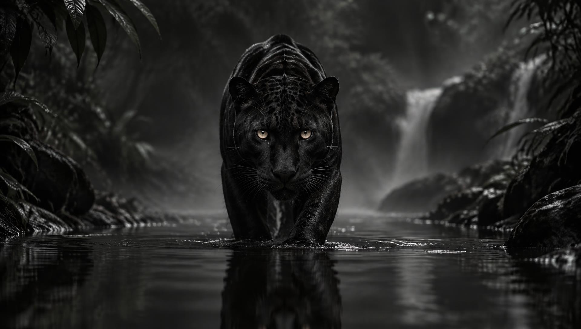 Black panther walking through shallow rainforest water